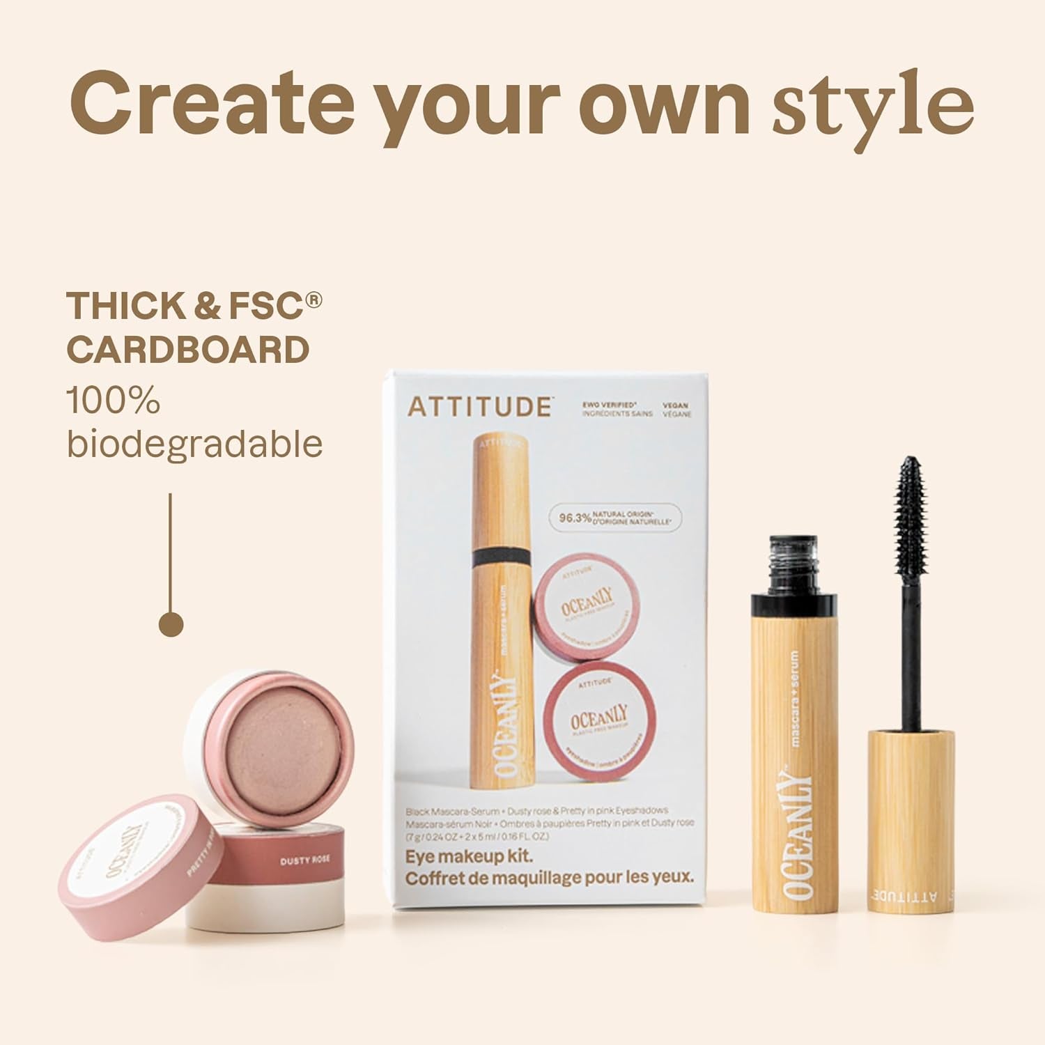 Oceanly Pink Makeup Set, EWG Verified Eyeshadow and Lash Serum Infused Mascara, Vegan Beauty, Set of 3 Products